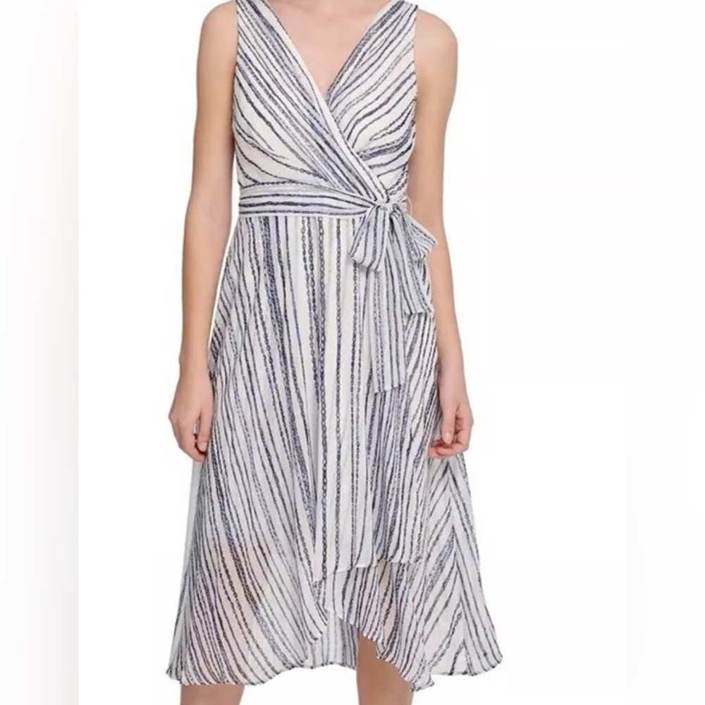 NWT DKNY High Low White and Blue Wrap Dress